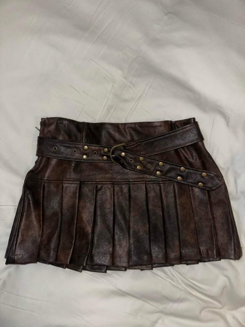 Fashion Nova Brown Pleated Faux Leather Mini Skirt with Studded Belt